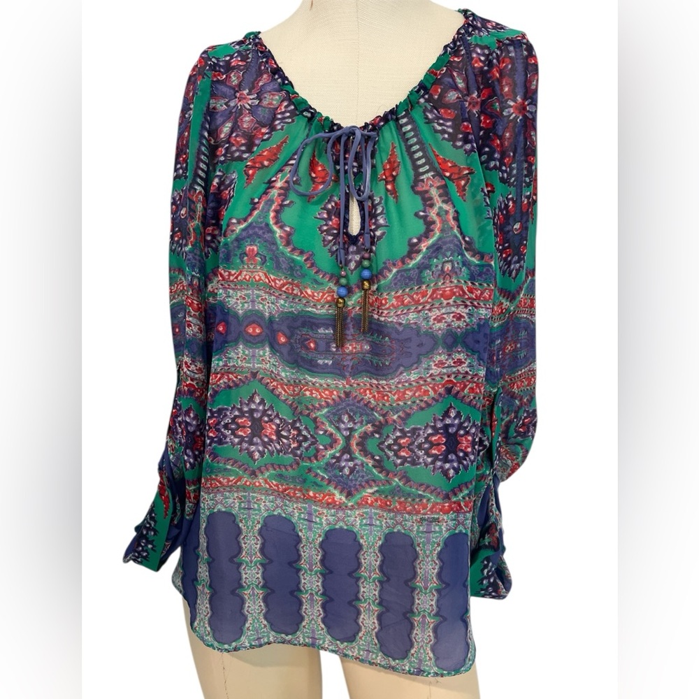Hale Bob Women’s Silk Sheer Multicolor Tie Front Boho Hippie Blouse Size S